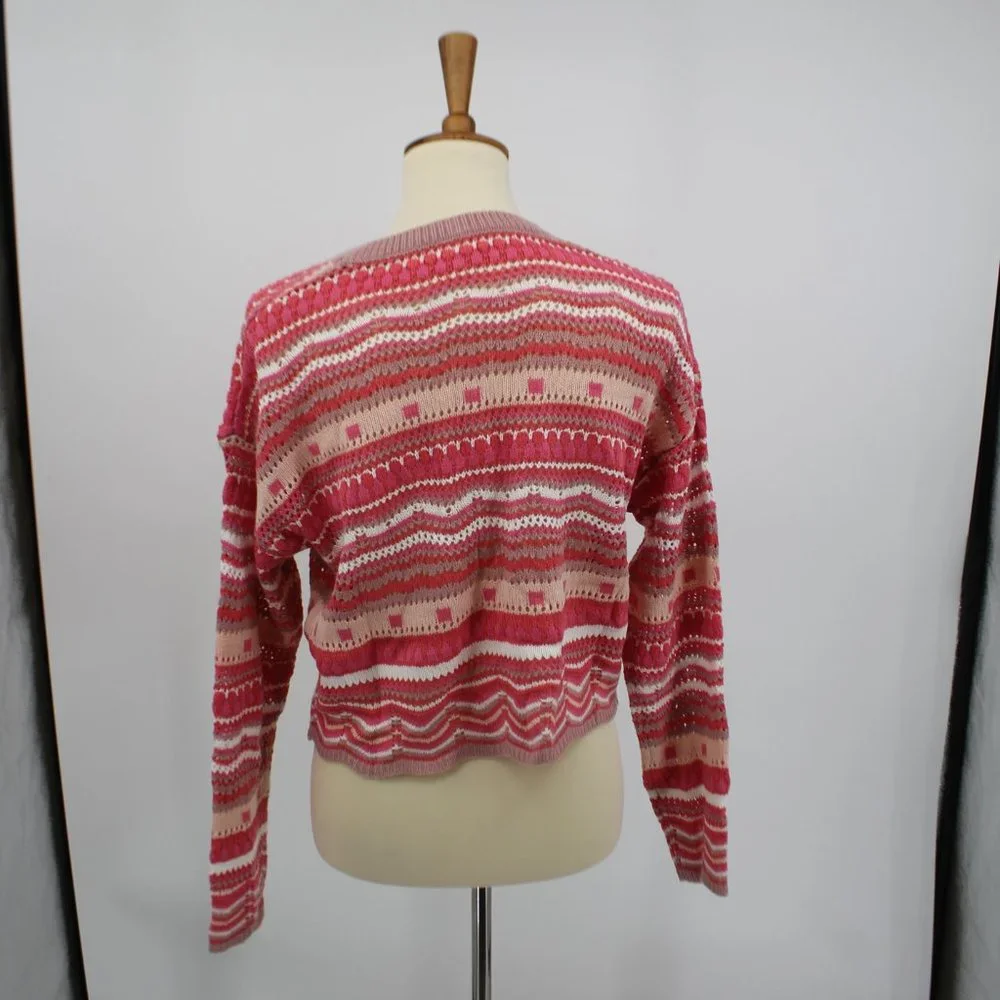 Vintage Knit Pink White Long Sleeve Cropped Sweater S - Picture 7 of 8
